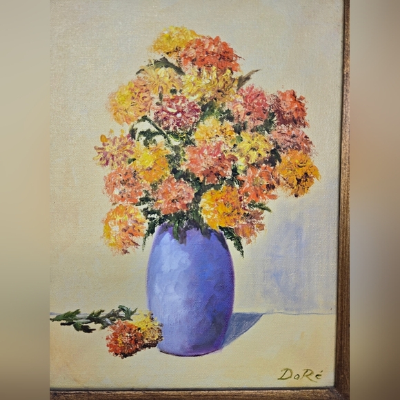 Do R'e Original Oil Painting Vintage Blue Vase With Orange-Yellow Chrysanthemums - Picture 5 of 12